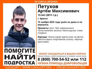 В Брянске бесследно исчез 13-летний школьник Артём Петухов