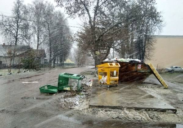 В Брянске из-за сильного ветра опрокинулся мусорный контейнер