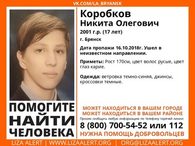 Пропавший в Брянске 17-летний Никита Коробков найден мертвым