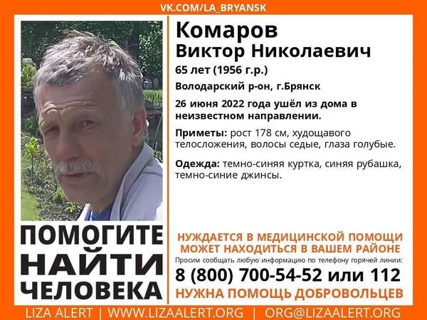 В Брянске ищут пропавшего 65-летнего Виктора Комарова