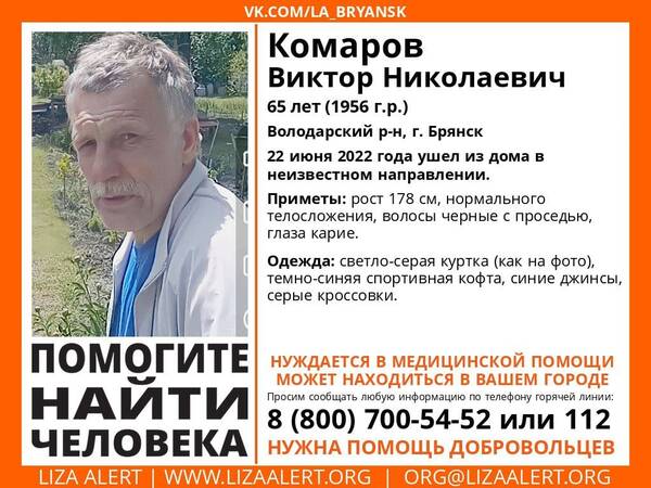 Пропавшего в Брянске 65-летнего Виктора Комарова нашли живым