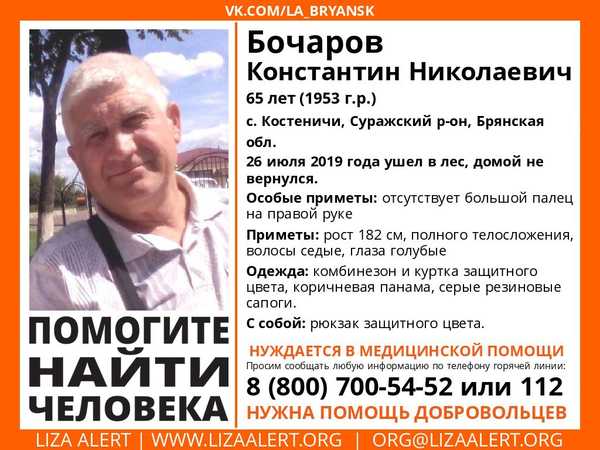 В Брянской области ищут пропавшего 65-летнего Константина Бочарова