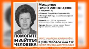 В Брянской области ищут пропавшую без вести 78-летнюю женщину