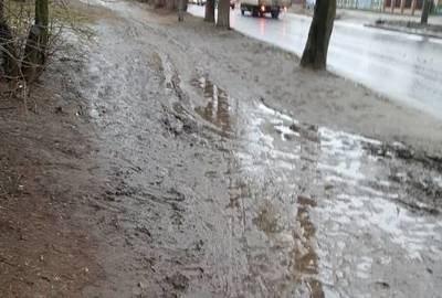 В Брянске тротуар на улице Урицкого стал похож на грязевое болото